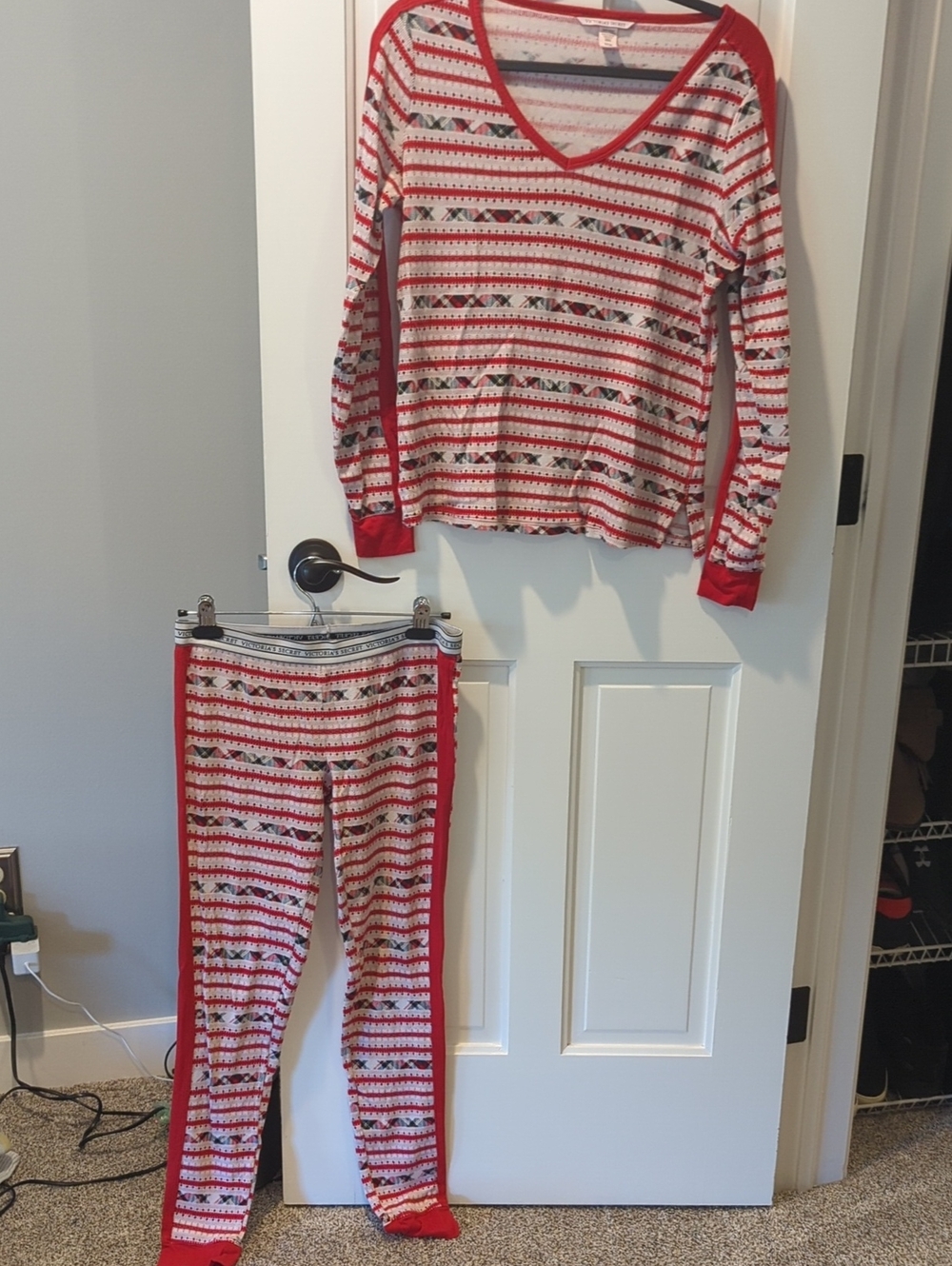 Victoria's Secret Thermal style Red and White Reindeer Stripe Pajama Set